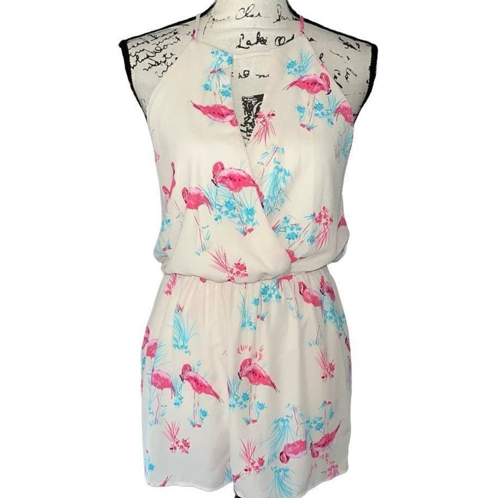Everly Cream Floral Flamingo Halter Romper